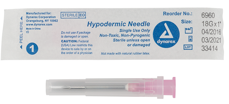 Dynarex Hypodermic Needles are sterile, thin-wall needles designed to safely and comfortably administer medication or draw blood. The Needles feature a color-coded needle hub for quick identification of the needle gauge.
Quantity per box: 100
Boxes per Case: 10
Sterile, thin-wall needles designed for effectively administering medication or drawing blood
Color-coded needle hub allows for quick identification of the needle gauge
Compatible with luer lock and luer slip syringes
Features double bevel design fo