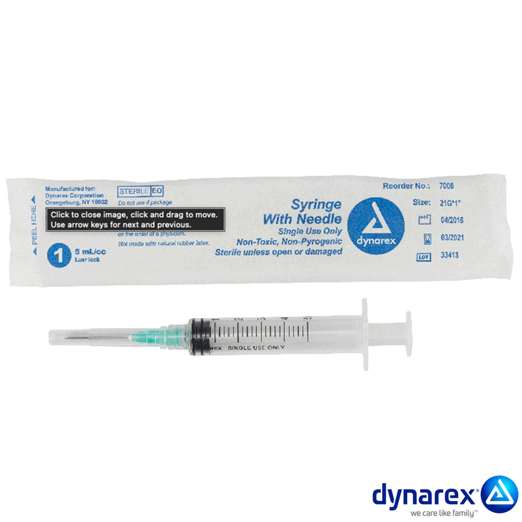 5mL Luer Lock Syringe with 1" 21G Needle, 100-Bx