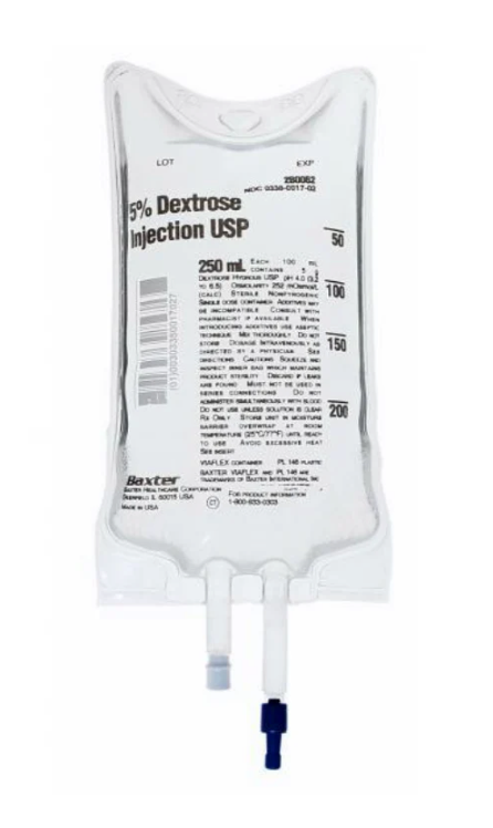 Sterile
Latex-free
5% Dextrose Injection
USP 250mL Viaflex®Plastic Container
Sold individually
Billing NDC# 0338-0017-02