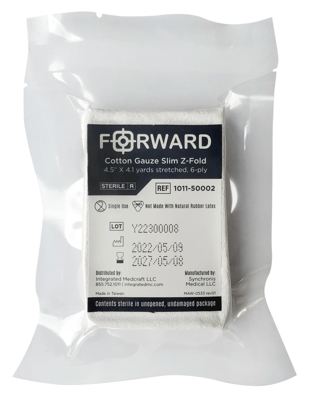 Forward Cotton Gauze Slim Z-Fold is made of highly absorbent, sterile, cotton gauze that is ideal for hemorrhage and bandaging wounds. The gauze is 4.5 inches wide and 4.1 yards long when removed from the package and unfolded.