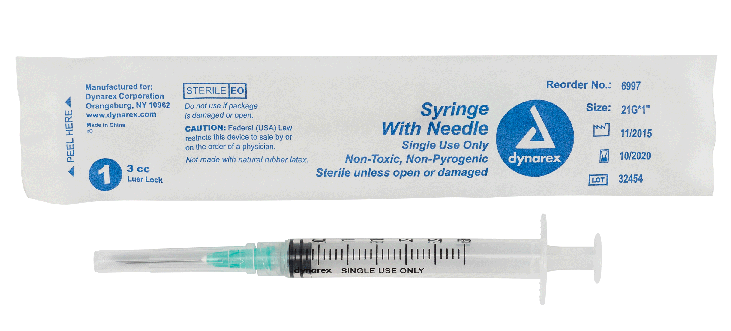 he Dynarex Syringe with Needle features a high-quality, thin-walled needle designed with a double-beveled tip for smooth insertion and added comfort during injections. The Syringe’s transparent polypropylene barrel with bold-font numbering allows for easy measurement and accurate medication dosing. 
Quantity per box: 100
Boxes per Case: 8
Surgical-grade stainless steel needles are double-beveled for improved patient comfort
Syringes feature smooth-gliding plungers with integrated stops to help prevent acci