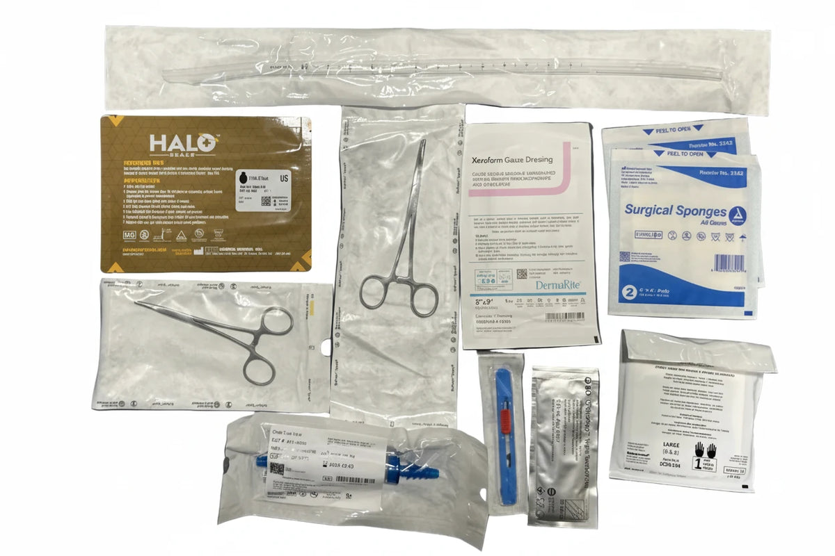 FORWARD EMS Chest Tube Kit contents including silicone 28Fr tube, HALO chest seal, forceps, scalpel, and valve"