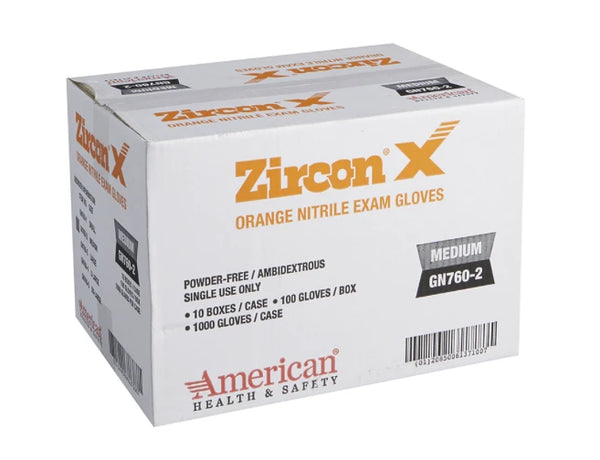 Zircon X Orange Nitrile Exam Gloves, PF, Medium, 100 Pairs/Box