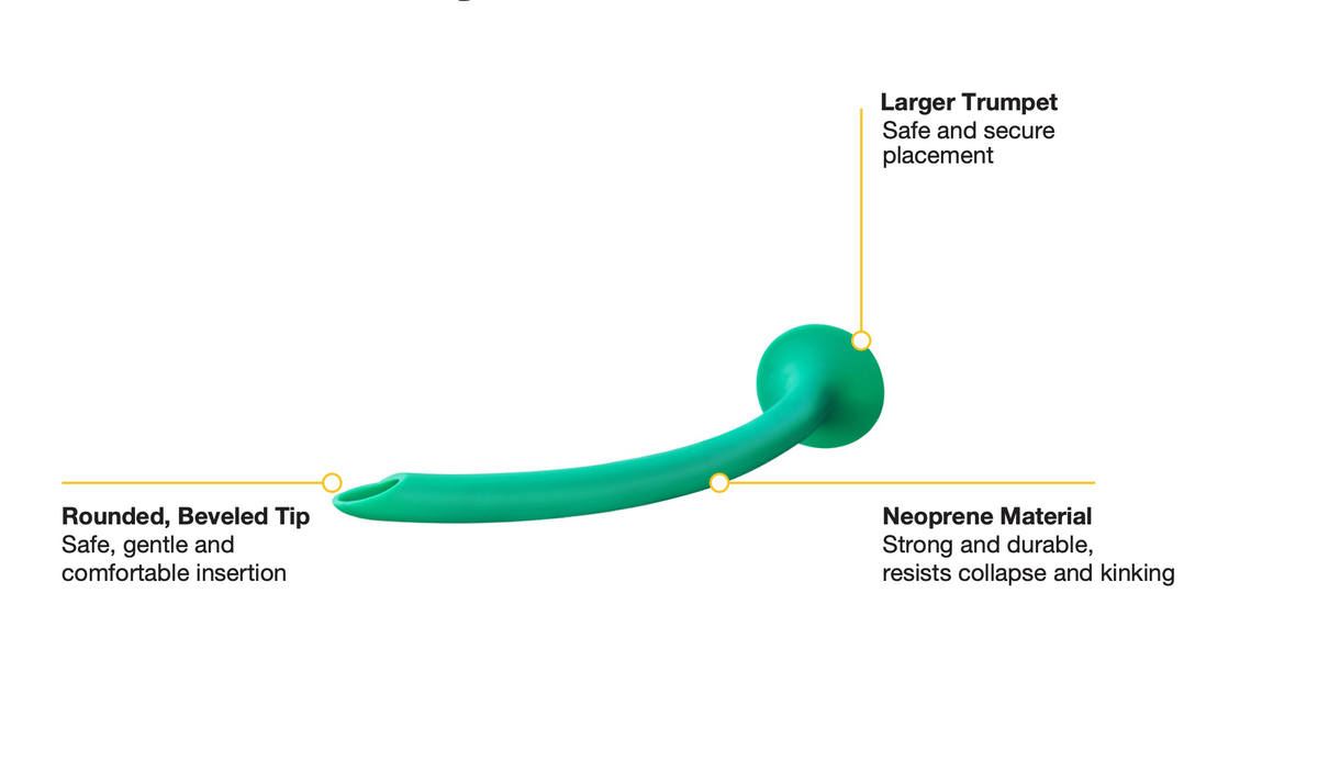 Nasal Trumpet with a rounded beveled tip, made from neoprene and resists collapse and kinking.