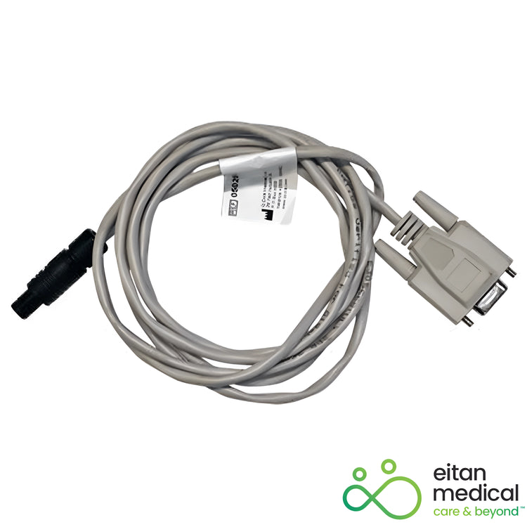 Eitan Sapphire communications cable, PN 05020-110-0213, coiled grey cable with round pump connector and DB9 serial plug