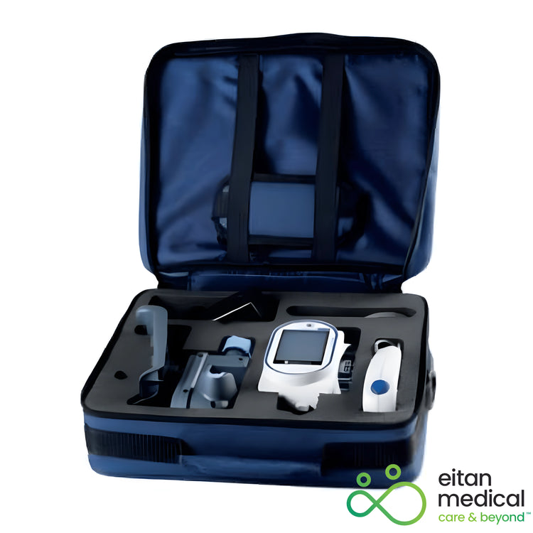 Sapphire infusion pump travel case, PN 15020-010-0002, open with foam cutouts holding the pump and accessories