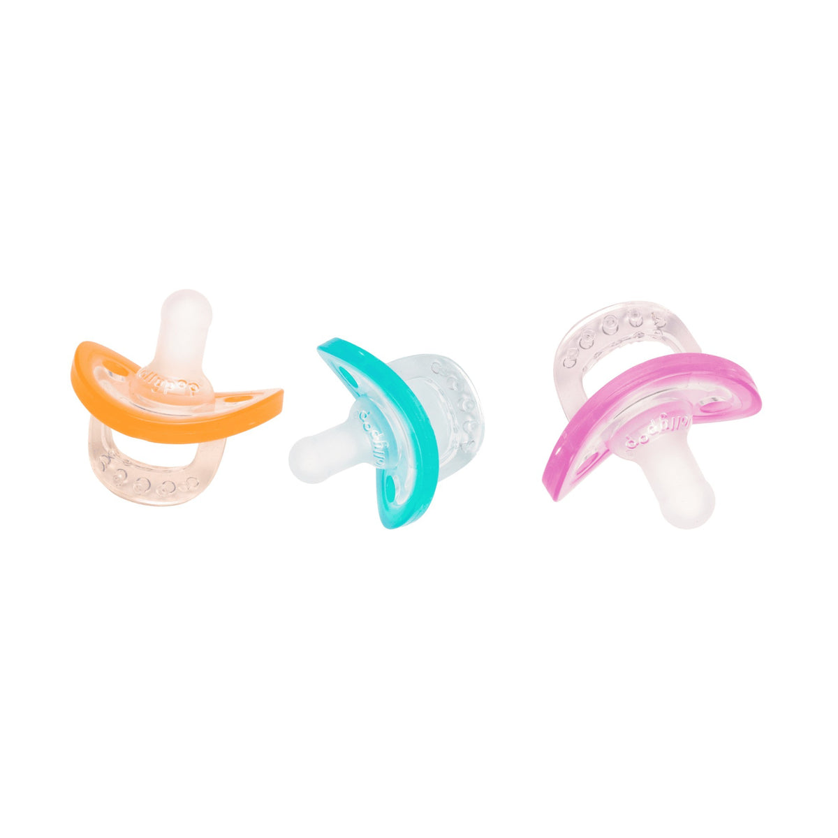 JollyPop pacifiers teal, orange and pink side view lineup