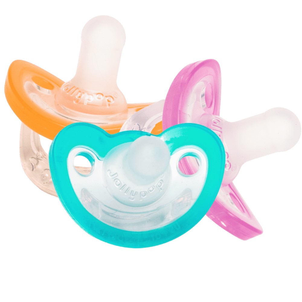 JollyPop hospital-grade pacifiers teal, orange and pink group view