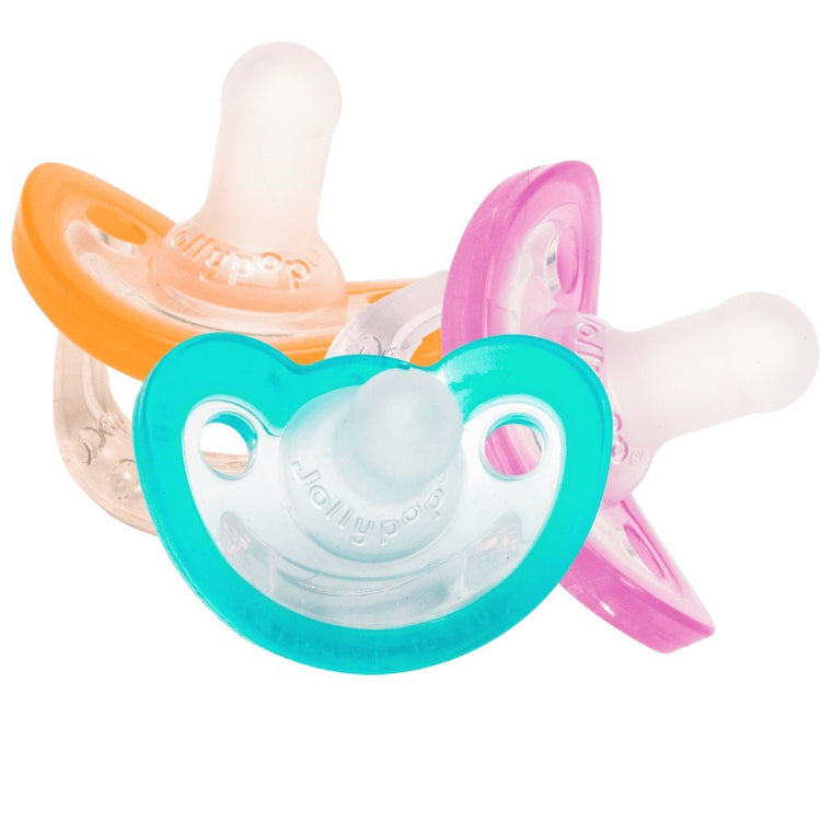 JollyPop hospital-grade pacifiers teal, orange and pink group view