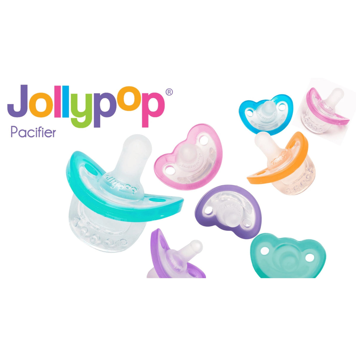 JollyPop pacifier color range with JollyPop logo