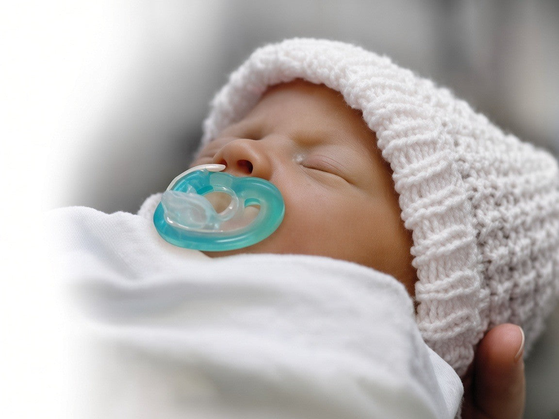 JollyPop Newborn teal pacifier in use by sleeping newborn