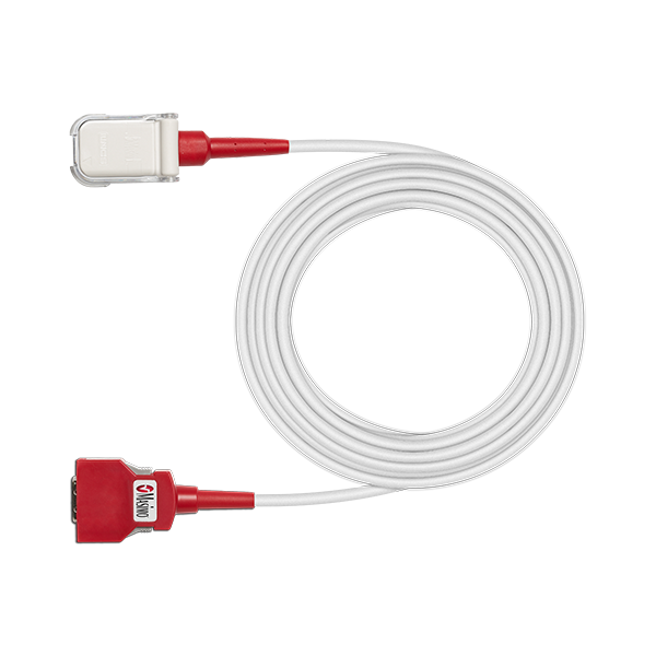Masimo 2056 Red LNC-10 20-pin patient cable, 10 ft coiled cable with white LNCS sensor receptacle and red 20-pin plug