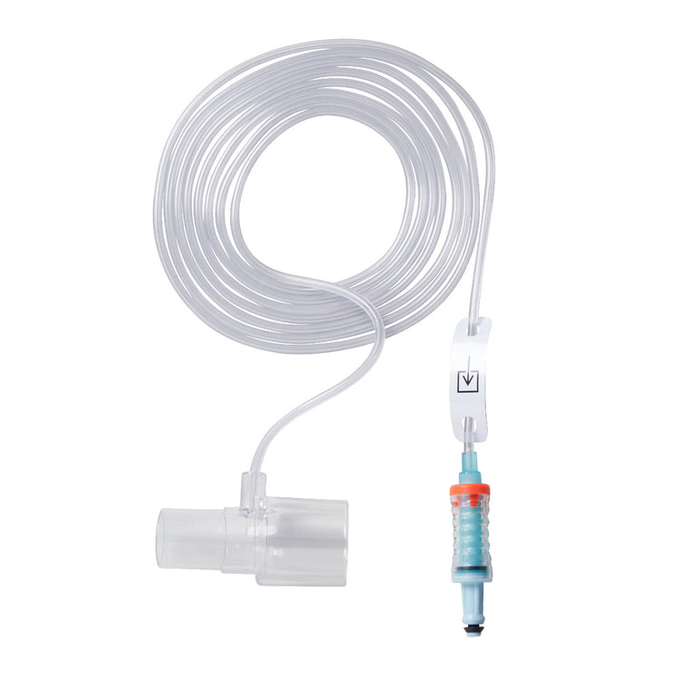 Masimo NomoLine LH Adult/Pediatric Airway Adapter Set PN 3814 — full sampling line with airway adapter and machine connection ends both visible, white background