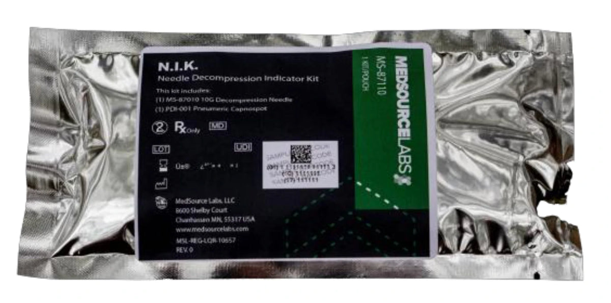 N.I.K Needle Decompression Indicator Kit sealed pouch (Capnospot + 10ga × 3.25″ needle) Medsource 87110.