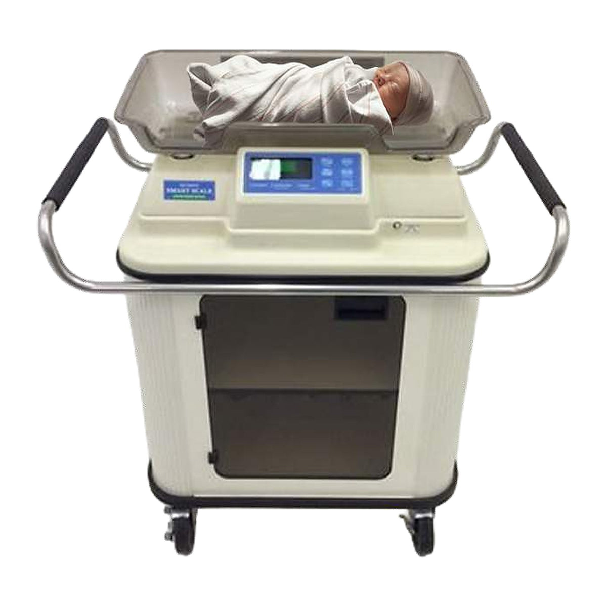 Olympic Smart Scale Model 65 with swaddled newborn in four-sided Easy Lift tray