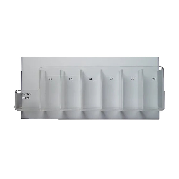 Pacific Biomedical acrylic ambulance IV organizer, 14.25 x 8.25 x 2.5 inches, six catheter compartments and a prep-wipe compartment with sample labels, front view - Pacific Biomedical