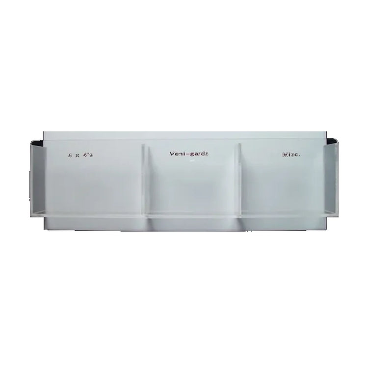 Pacific Biomedical compact acrylic ambulance organizer, 16.75 x 8.25 x 2.5 inches, three clear compartments on a white backplate with sample labels, front view - Pacific Biomedical