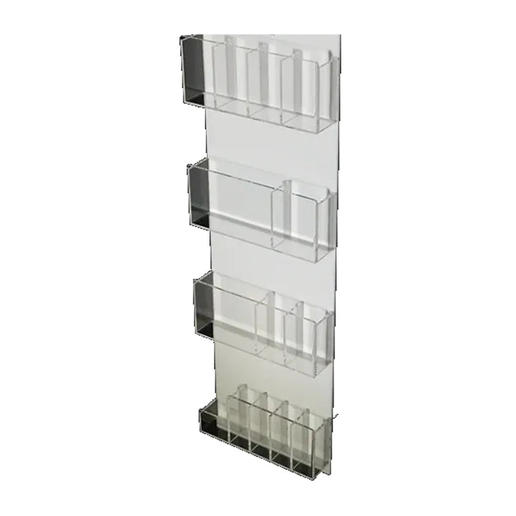 Pacific Biomedical vertical acrylic ambulance organizer, 32 x 9.5 x 2.5 inches, front view with four rows of clear compartments on a white backplate - Pacific Biomedical.