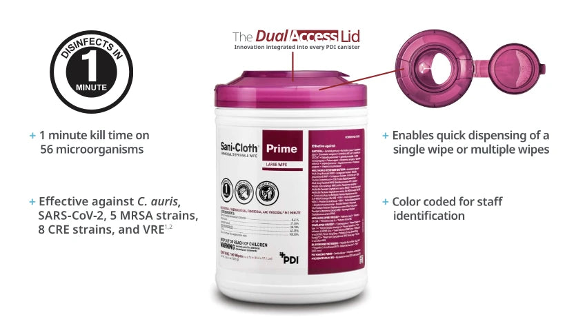 Healthcare professional using Sani-Cloth® Prime wipe to disinfect a medical device with a 1-minute contact time