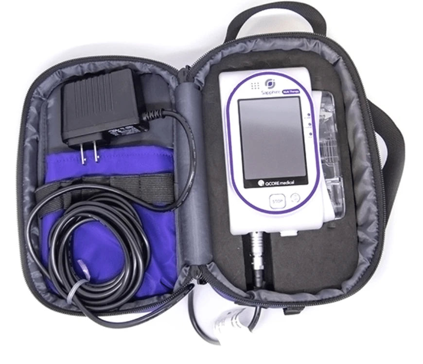 Open view of Eitan Sapphire EMS IV Pump Storage Case 200513-1480N5-A with infusion pump, charger, and cables securely organized for EMS transport.