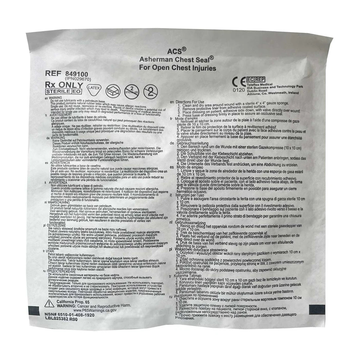 Teleflex Asherman Chest Seal 849100 sterile package, Rx only, NSN 6510-01-408-1920 - Pacific Biomedical
