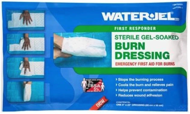 Water-Jel B0820-20 sterile gel burn dressing providing immediate cooling relief and pain reduction for EMS and emergency burn care. It is 8 inches by 22 inches and specifically made for hand burns.