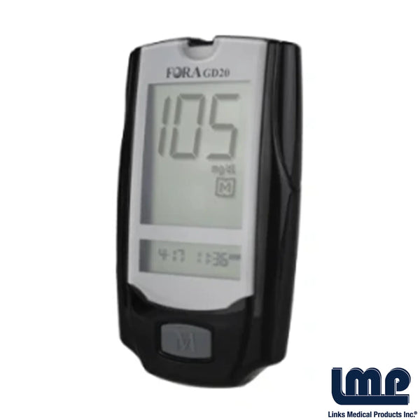 FORA GD20 blood glucose meter displaying a reading of 105 mg/dL. A finger-stick glucose is one of the two reversible causes to rule out first in an altered patient.