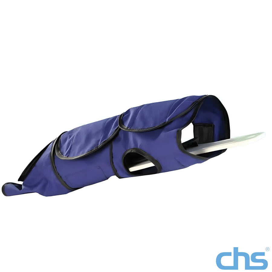 Olympic Papoose Board with the three-tier flap set open, showing the flat backing board and the diagonal cut that lets the flaps cross at the midline.