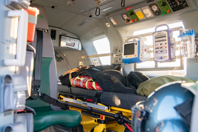 Equipment mounted in air ambulance for patient safety.