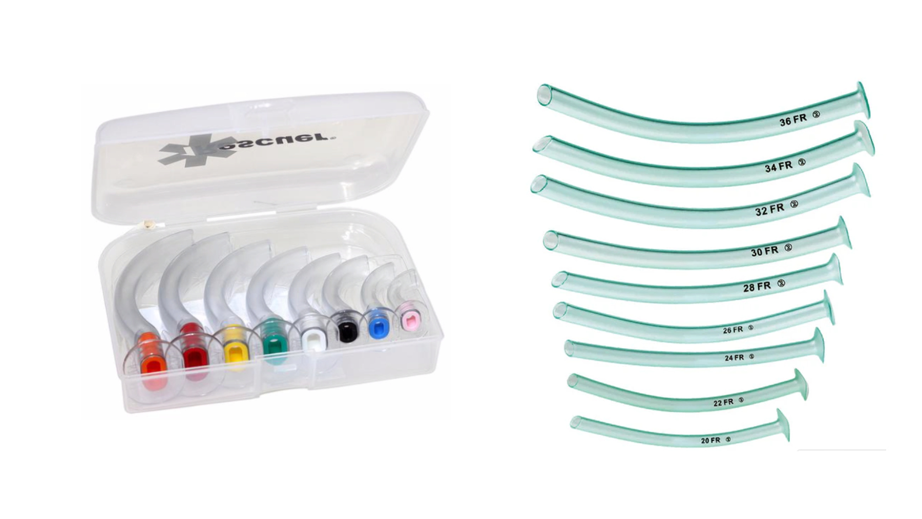 Nasal pharyngeal airways and oral pharyngeal airways for ems or hospital use.