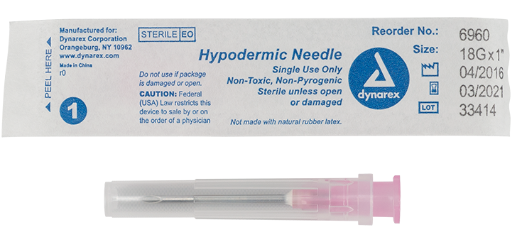 Dynarex Hypodermic Needles are sterile, thin-wall needles designed to safely and comfortably administer medication or draw blood. The Needles feature a color-coded needle hub for quick identification of the needle gauge.

Quantity per box: 100
Boxes per Case: 10
Sterile, thin-wall needles designed for effectively administering medication or drawing blood
Color-coded needle hub allows for quick identification of the needle gauge
Compatible with luer lock and luer slip syringes
Features double bevel design fo