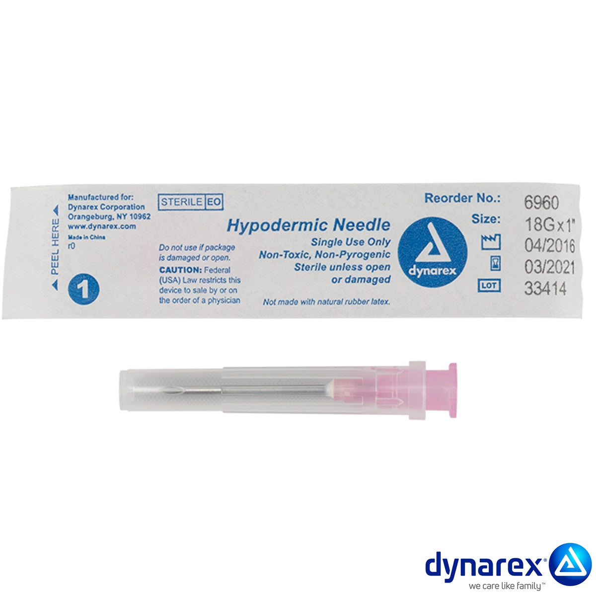 Dynarex Hypodermic Needles are sterile, thin-wall needles designed to safely and comfortably administer medication or draw blood. The Needles feature a color-coded needle hub for quick identification of the needle gauge.

Quantity per box: 100
Boxes per Case: 10
Sterile, thin-wall needles designed for effectively administering medication or drawing blood
Color-coded needle hub allows for quick identification of the needle gauge
Compatible with luer lock and luer slip syringes
Features double bevel design fo