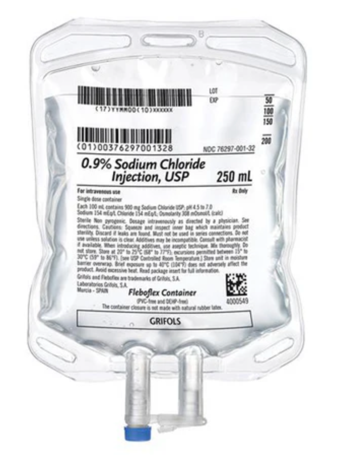 Grifols,S.A IV Injection Solution Sodium Chloride 0.9% 250mL Bag DEHP-Free Sterile Not Made With Natural Rubber Latex Non-PVC 28/Case. PN: INS731359