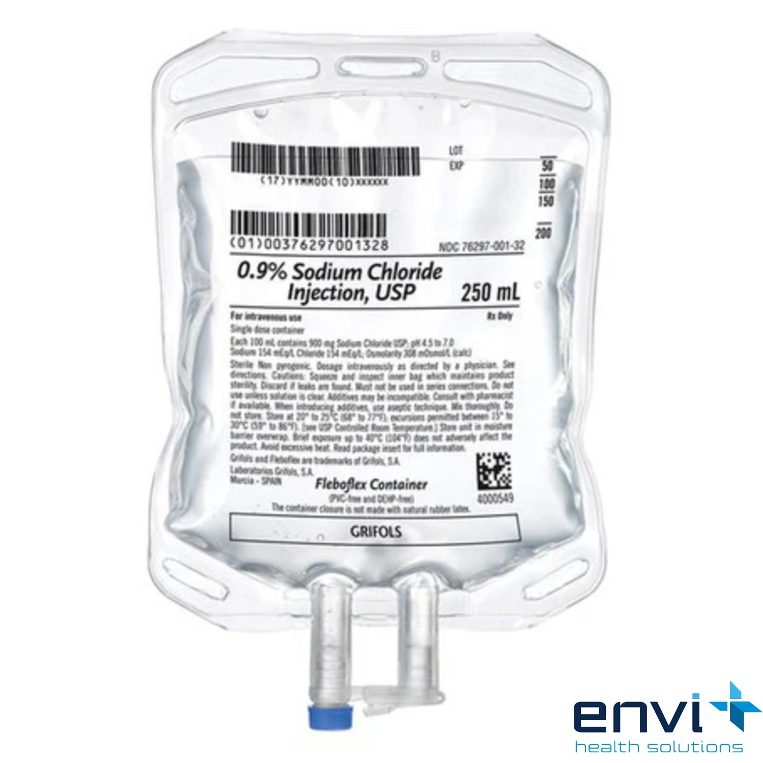Grifols,S.A IV Injection Solution Sodium Chloride 0.9% 250mL Bag DEHP-Free Sterile Not Made With Natural Rubber Latex Non-PVC 28/Case. PN: INS731359