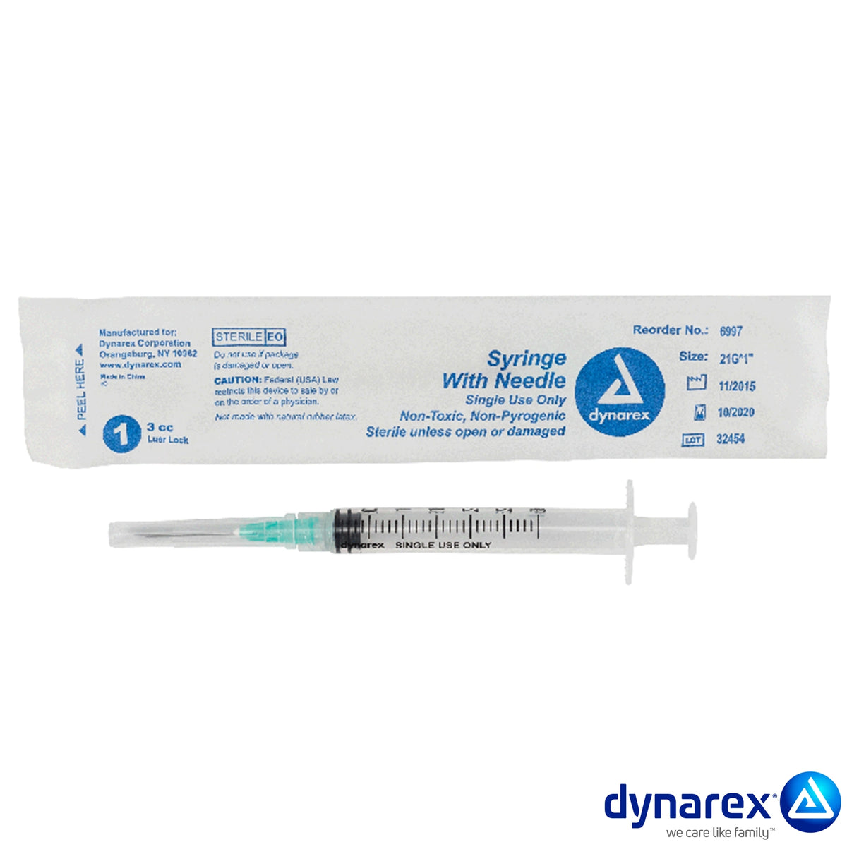 he Dynarex Syringe with Needle features a high-quality, thin-walled needle designed with a double-beveled tip for smooth insertion and added comfort during injections. The Syringe’s transparent polypropylene barrel with bold-font numbering allows for easy measurement and accurate medication dosing. 

Quantity per box: 100
Boxes per Case: 8
Surgical-grade stainless steel needles are double-beveled for improved patient comfort
Syringes feature smooth-gliding plungers with integrated stops to help prevent acci
