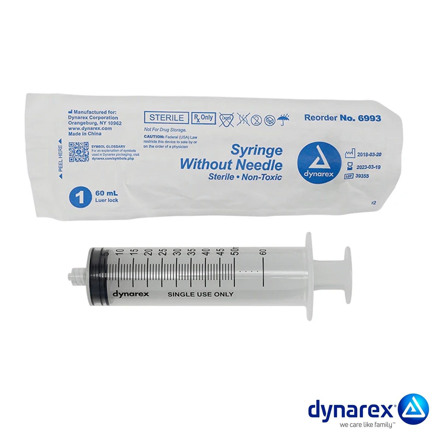 The Dynarex Syringes without Needles are designed with a luer lock or luer slip connection creating a leak-free seal and can be utilized for a variety of uses.

Quantity per box: 25
Boxes per Case: 10
Designed to provide accurate and effective medication dosing
Smooth-gliding plunger provides consistent pressure for improved comfort 
Transparent barrel with bold, easy-to-read markings for precise measurement
Can be used with any size needle with luer tip or luer lock connection
Sterile, non-toxic