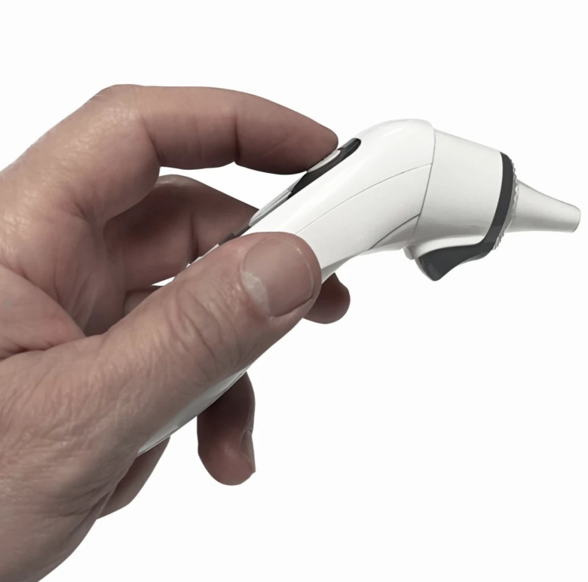 Someone holding a ADC tympanic thermometer getting ready to place in patient ear.
