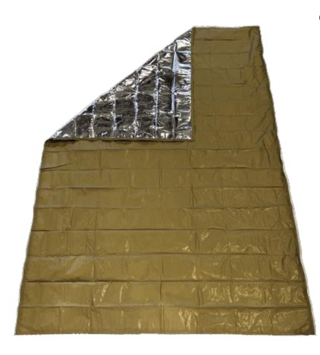 Built-in mylar lined thermal properties for hypothermia protection
Treated rip-stop nylon backing protects against the elements
Measures 82”x 59”
Weighs 0.48lbs
Exterior color is Coyote Brown
TAA Compliant