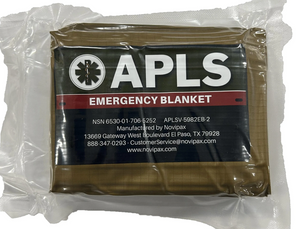 APLS Emergency Blanket is a compact, mylar lined, heat reflective, Point of Injury Emergency Blanket”. The APLS Emergency Blanket is a compact & lightweight blanket that can be tucked away in most medical kits. NSN: 6530-01-706-5252.