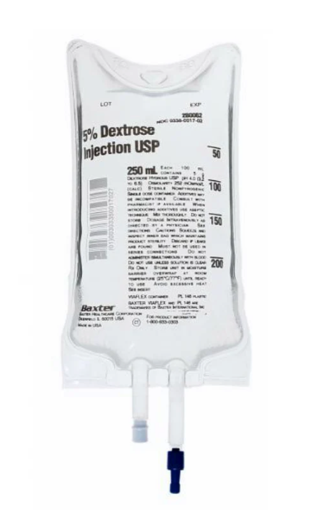 Sterile
Latex-free
5% Dextrose Injection
USP 250mL Viaflex®Plastic Container
Sold individually
Billing NDC# 0338-0017-02
