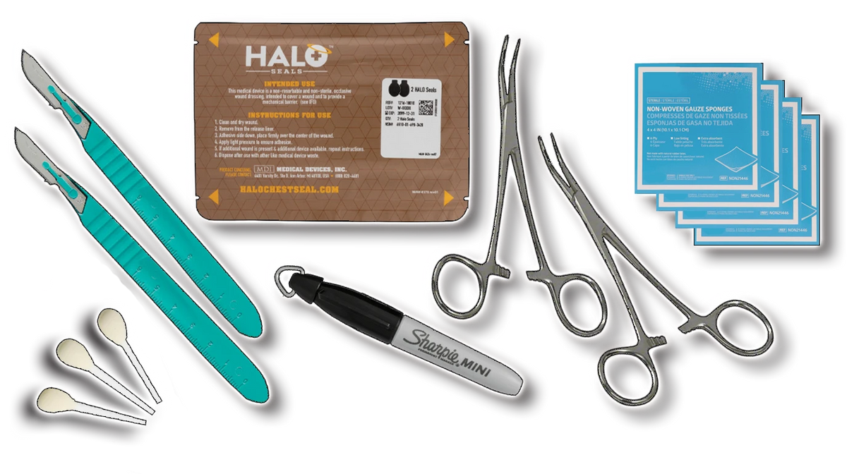 "FORWARD Bilateral Finger Thoracostomy Kit contents including 2 scalpels, 2 forceps, HALO chest seals, ChloraPrep, and gauze"