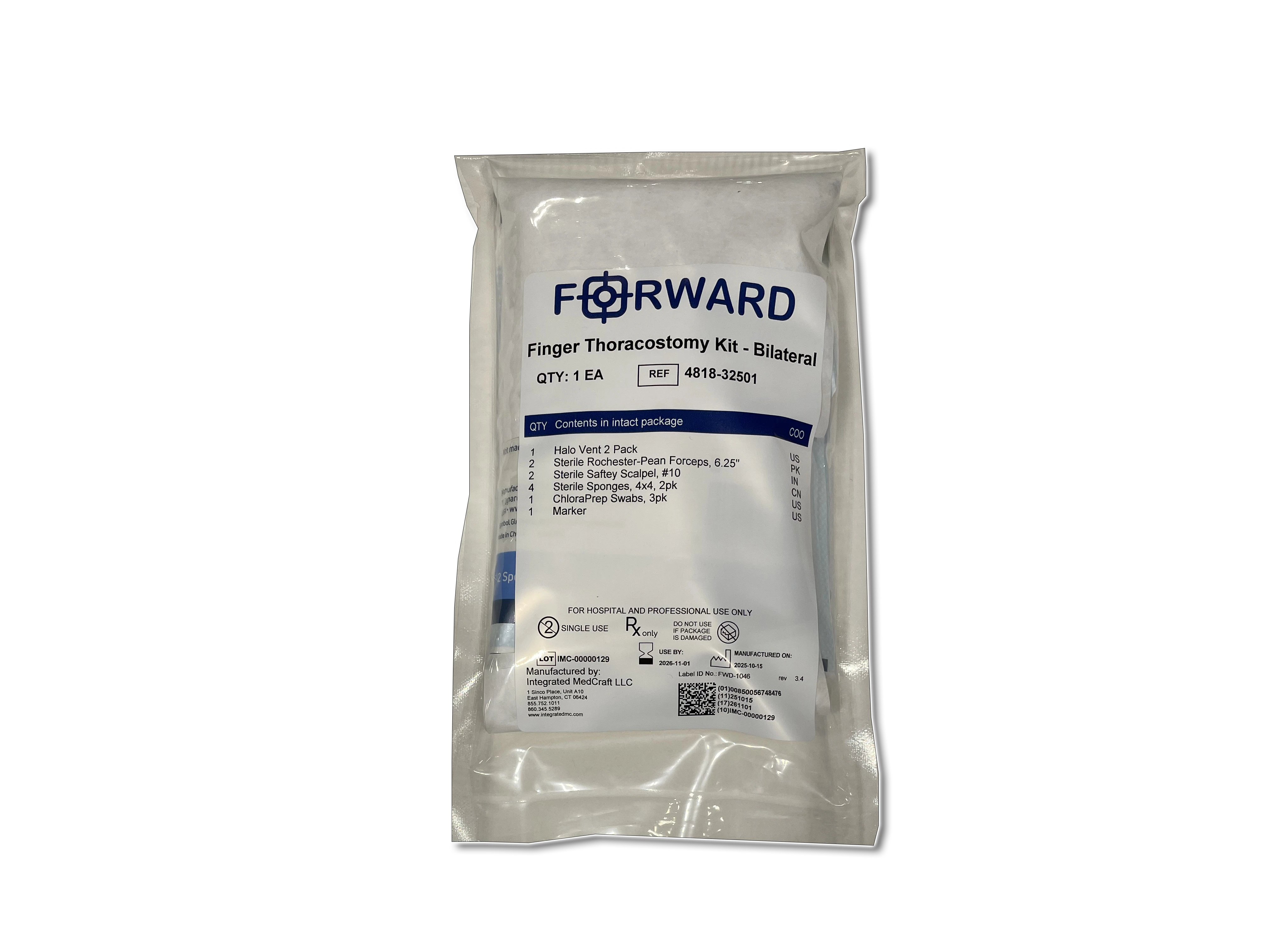 FORWARD Finger Thoracostomy Kit Bilateral vacuum-sealed package showing contents list.
