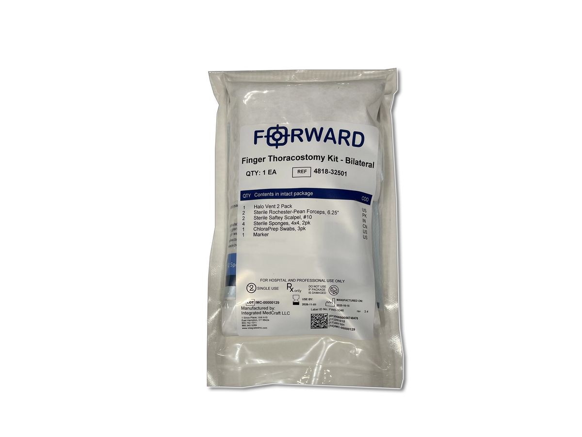 FORWARD Finger Thoracostomy Kit Bilateral vacuum-sealed package showing contents list.