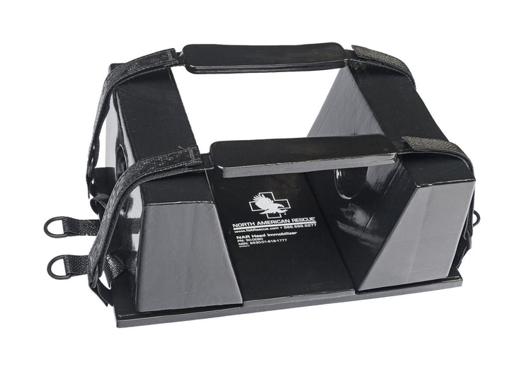 NAR Head Immobilizer 50-0020 black closed-cell foam head blocks with hook-and-loop straps on spine board - Pacific Biomedical