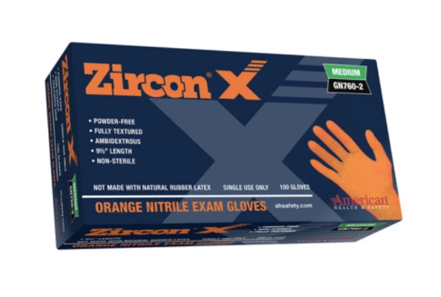 Box of Zircon X orange nitrile exam gloves on a white background