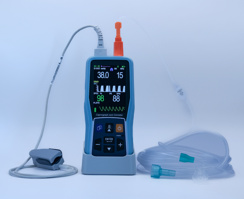 CMI&#39;s hand held device that can assess pulse oximetry and Capnography