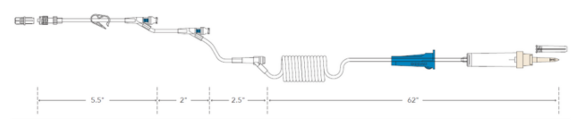 60 drop IV set with a non-vented spike, (1) Y-site, (2) needle-free valves, pinch clamp, and luer-lock connector. $5.40 ea. PN: B479-EM, NSN: 6515-01-561-6204.