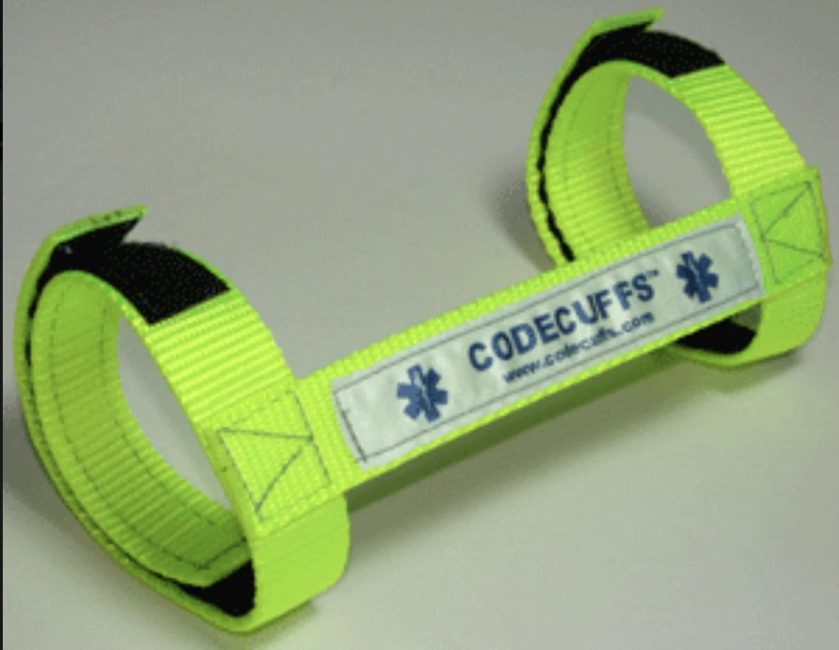 High Viz yellow CodeCuffs to restrain patient arm movements in flight or in situations where IV access could be lost.