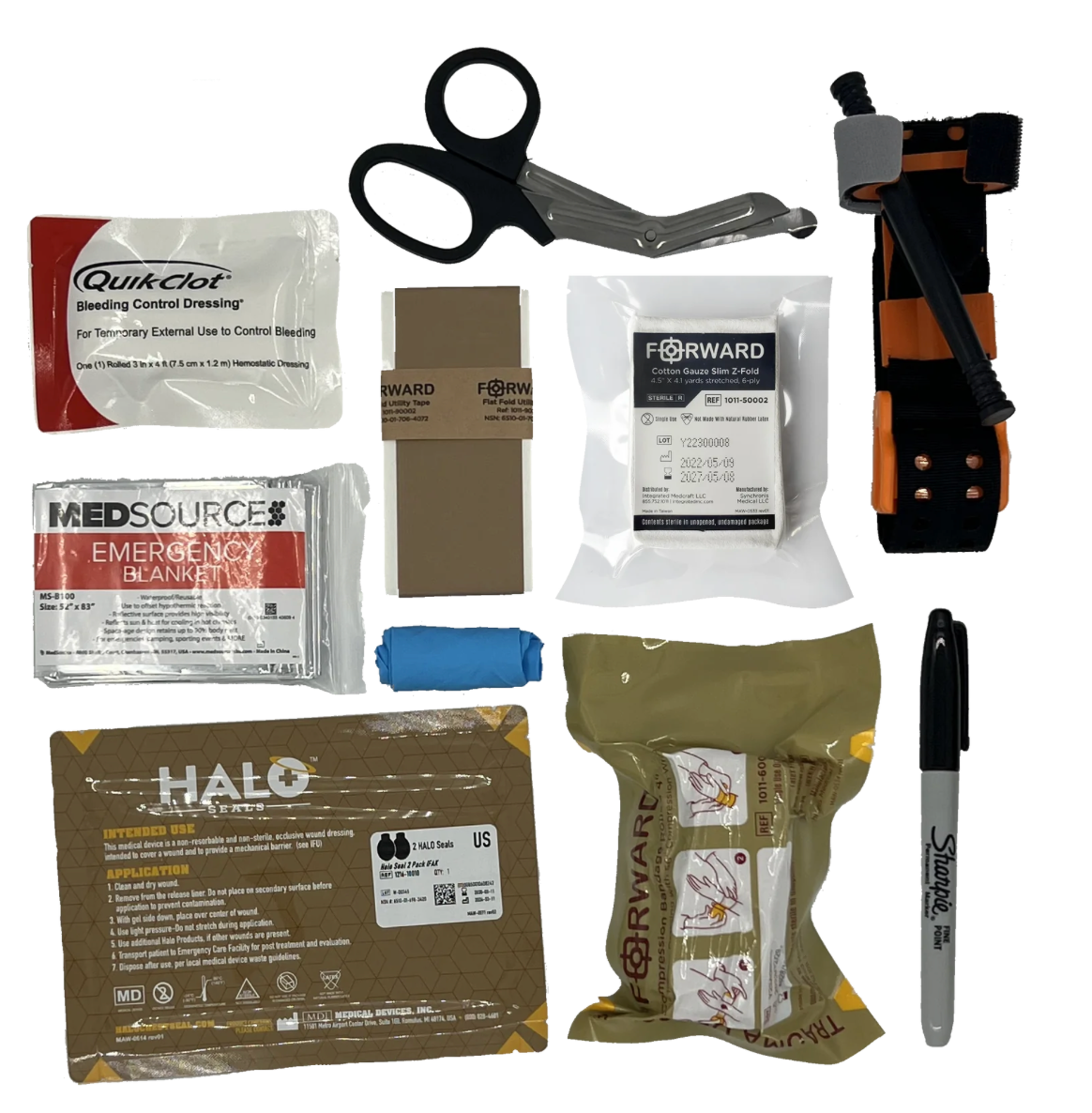 ME-FAK Plus contents laid out: QuikClot bleeding control dressing (Plus only), SAM XT tourniquet, HALO seals, FORWARD dressing and gauze, shears, blanket, tape, gloves, marker - Pacific Biomedical