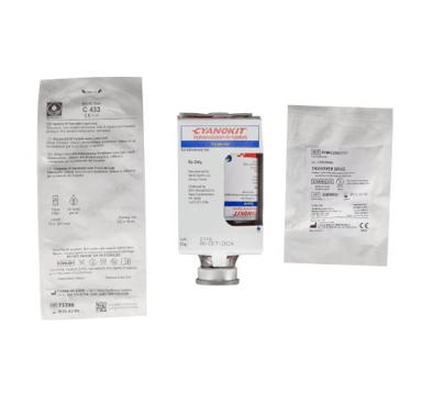 Internal components to a cyanokit. Medicine vial, transfer spike 20gtt drip set.